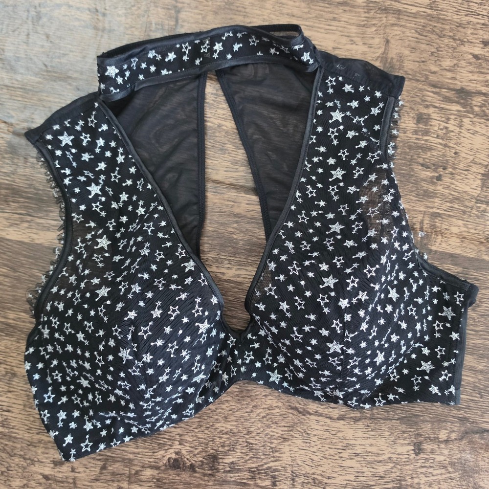 VICTORIA'S SECRET Star Mesh‎ Bralette Womens XL Black Silver Foil High Neck Lace